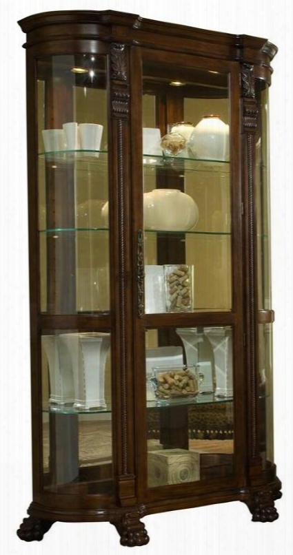 102003 Curio With Beveled Glass Door Mirrored Back Decorative Carvings And Halogen Lighting In Foxcroft