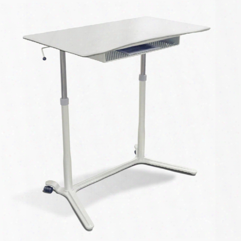 200 Collection 204-wh 28" - 41" Sit Stand Up Desk With Adjustable Height Storage Shelf Lacquered Steel Base Vacuumed Sealed Mdf And Ergonomic Curved Top In