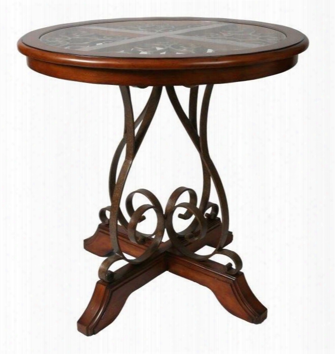 Cr-520-407 Carmel 40" Round Pub Table With Glass Insert Top And Scrolled Pedestal Base In Murano Accent Metal And Cosmo Sepia Finish On The Feet And