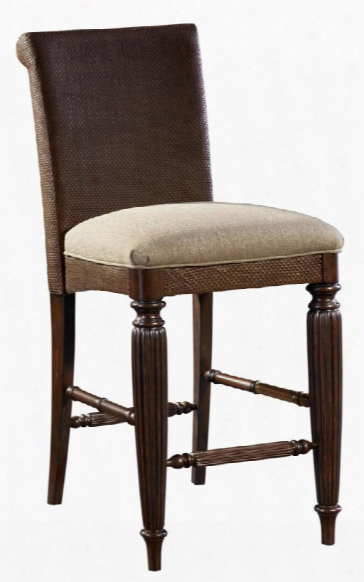 Jessa 4980-592 18" Wide Woven Upholstered Counter Stool With Turned Front Legs Detailed Footrest And Hemp Colored Fabric Upholstery In Dark Brown