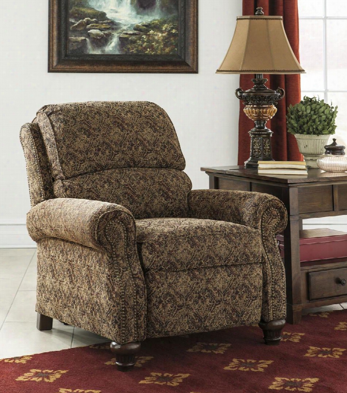 Walworth Accent U780xx30 36" Wide Low Leg Recliner With Nail-head Accents Rolled Arms And Tapestry Design On The Upholstery In