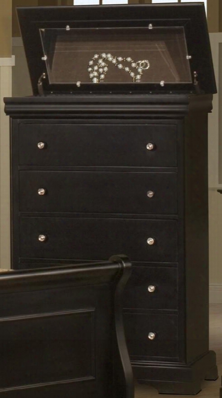 00-013-070 Belle Rose 35" 5 Drawer Lift Top Chest With Easy Pull Hardware Mirror And Detailed Molding Design In Dark