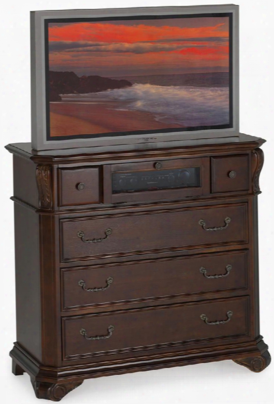 01-1841-078 Emilie 46" Five Drawer Media Console With Hand Carved Pilastesr Traditional Accents Raised Panels Detailed Molding Fluted Posts Poplar And