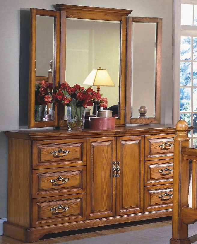 1133-050-1133-065 Honey Creek 64" Dresser  With Mirror Six Drawers Two Doors Detailed Molding And Decorative Hardware In