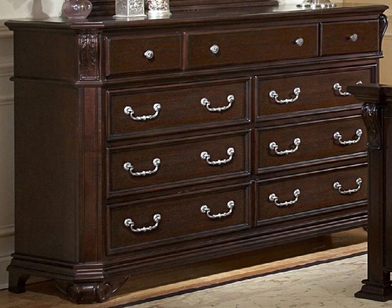 1841-050 Emilie 66" Dresser With Nine Drawers Hand Carved Pilasters Traditional Accents Raised Panels Detailed Molding Fluted Posts Poplar And Bas$wood