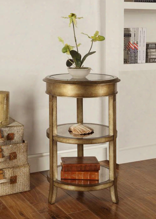 56324 18" Accent Table With 2 Shelves Antiqued Beveled Mirrored Top Grooved Legs And Gently Curved Feet In Grafton Metallic