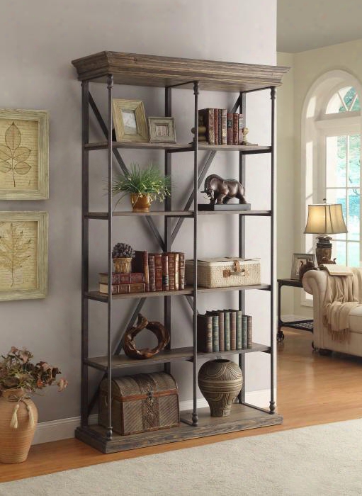 61625 49" Bookcase With Slab Top Beveled Edges 4 Shelves And Iron Legs & Accents In Corbin Medium