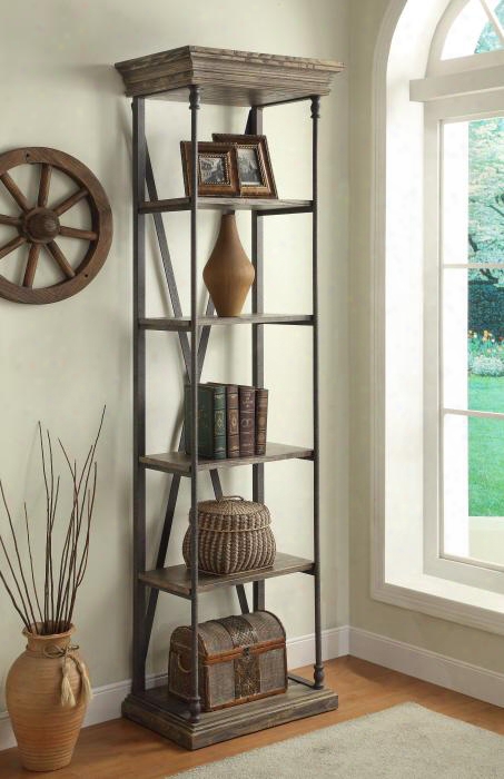 61626 25" Etageer With Slab Top Beveled Edges 4 Shelves And Iron Legs & Accents In Corbin Medium