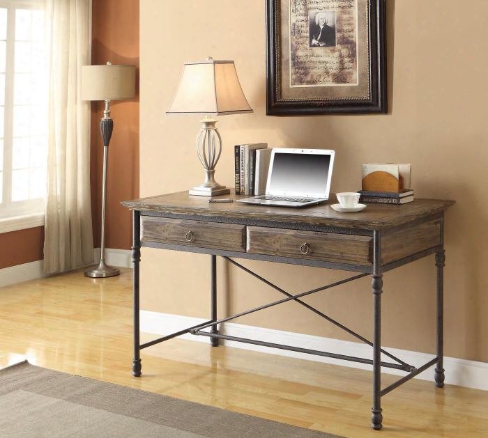 61627 54" Desk With Slab Top Beveled Edges Two Wide Drawers And Iron Legs & Accents In Corbin Medium