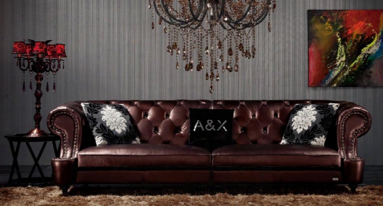 A&x Chesterfield Vgunax029 120" Sofa With 4 Seats Rolled Arms Button Tufting Back And Leather Upholstery In Brown