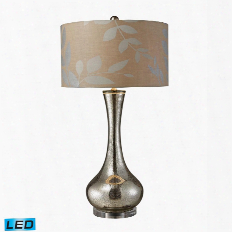 D1883-led Orion Led Table Lamp In Antique Mercury Blown Glass With Metallic Print On Cream Linen Shade And Cream Fabric