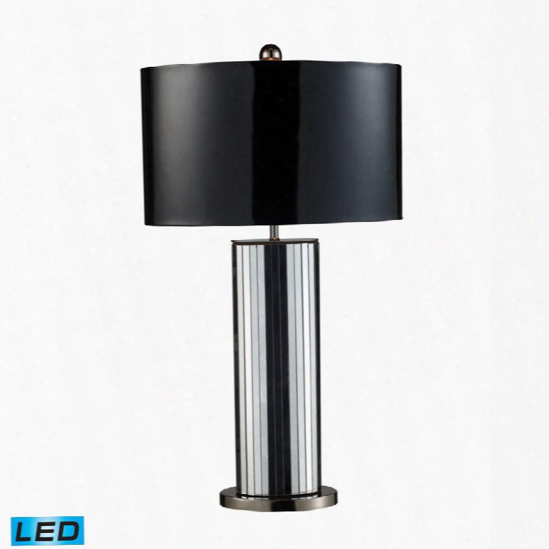 D1893-led Shreve Led Table Lamp In Mirror And Black Nickel With Oval Black Patent Faux Leather Shade And Silver Fabric