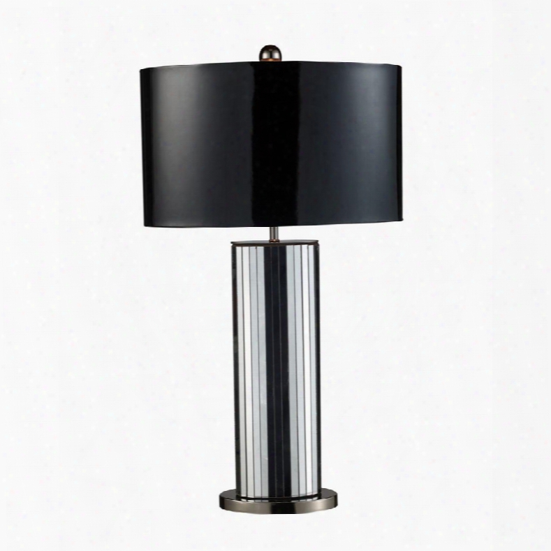 D1893 Shreve Table Lamp In Mirror And Black Nickel With Oval Black Patent Faux Leather Shade And Silver Fabric