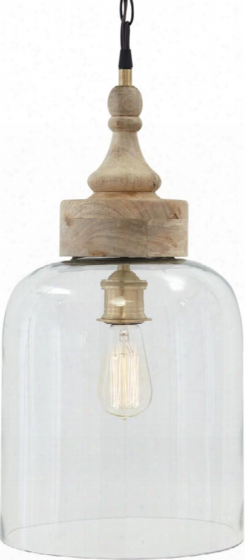 Faiz L000148 Glass Pendant Light With Turned Wood Finial Crowns Hanging Chain And A Casual