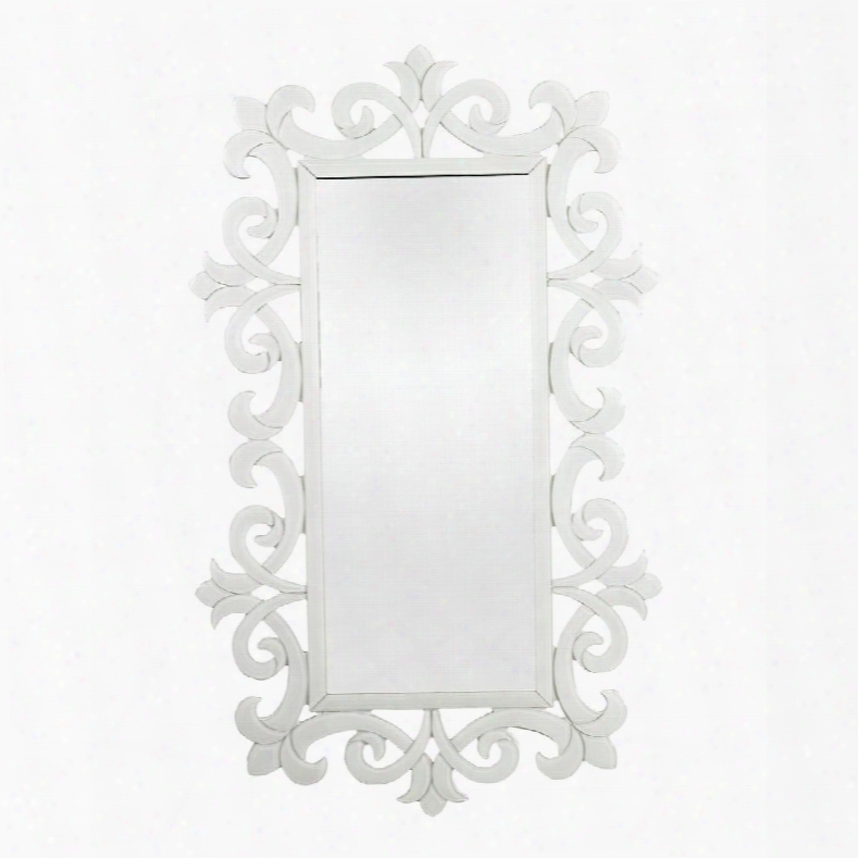 Haylee Collection 114-85 45" X 27" Wall Mirror With Glass Scroll Work Frame Rectangular Shape Hand Cut Pattern And Beveled Edges In White
