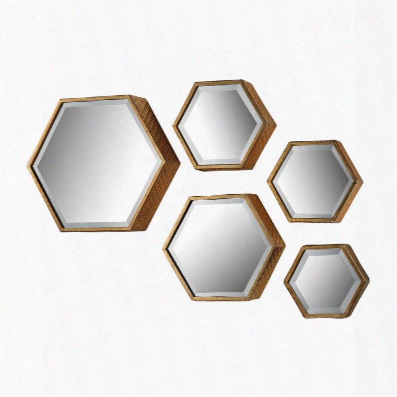 Hexagonal Collection 138-170/s5 16" X 14" Set Of 5 Walll Mirrors With Hexagonal Shape Beveled Edges And Metal Construction In Soft Gold