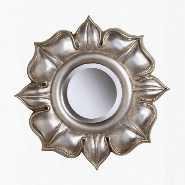 Lotus Collection 6050468 16" Wall Mirror With Leaf Design Beveled Edge Round Shape And Resin Material In Bright Silver Leaf