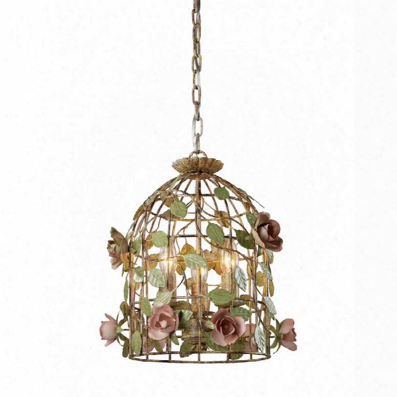 Pendant Collection 123-006 15" Pendant With 3 Bulb Capacity Iron Cage Frame Colorful Flowers And Ul Listed In Butterscotch Pink And Green