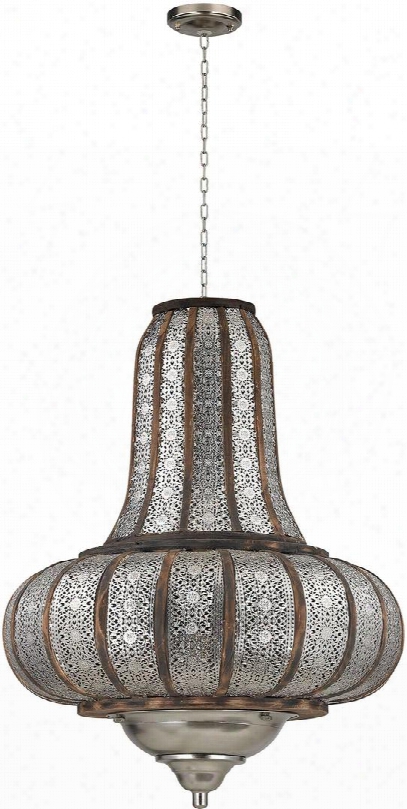 Pendant Collection 172-005 24" Hanging Pendant With 2 Bulb Capacity 100 Wattage Bulb Pierced Pattern Lantern And Metal Construction In Nickel And Wood