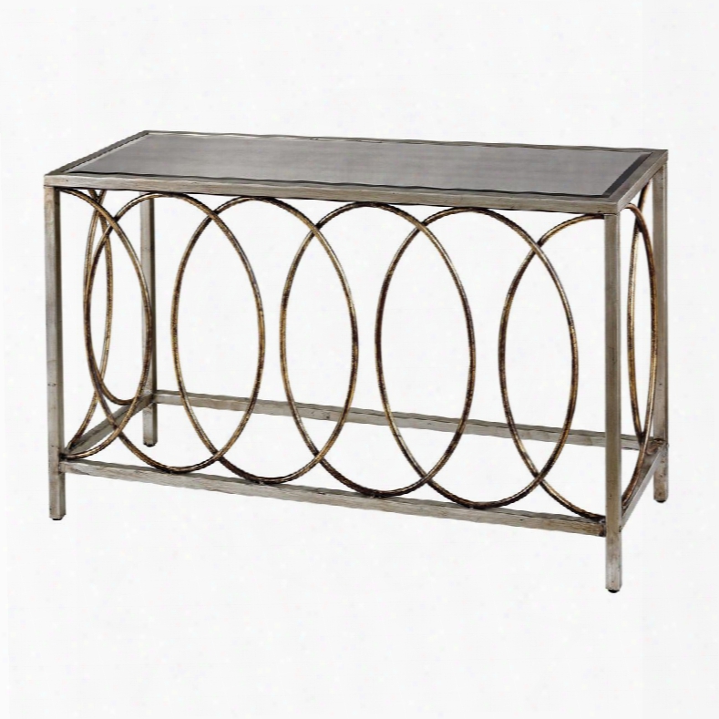 Retford Collection 114-96 47" Console Table With Mirrored Top Beveled Edge Large Ring Design And Metal Construction In Bakewell Gold And Silver