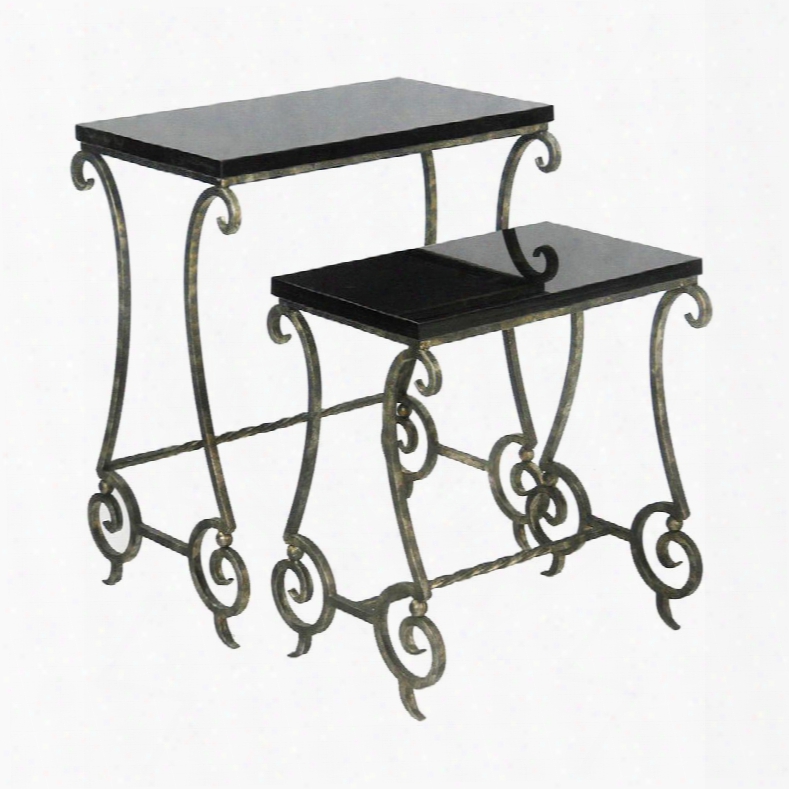 Table Collection 51-0138 Set Of 2 Stacking Side Tables With Black Marble Top Rectangular Shape Scrolled Legs And Metal Construction In Antiqued Gold