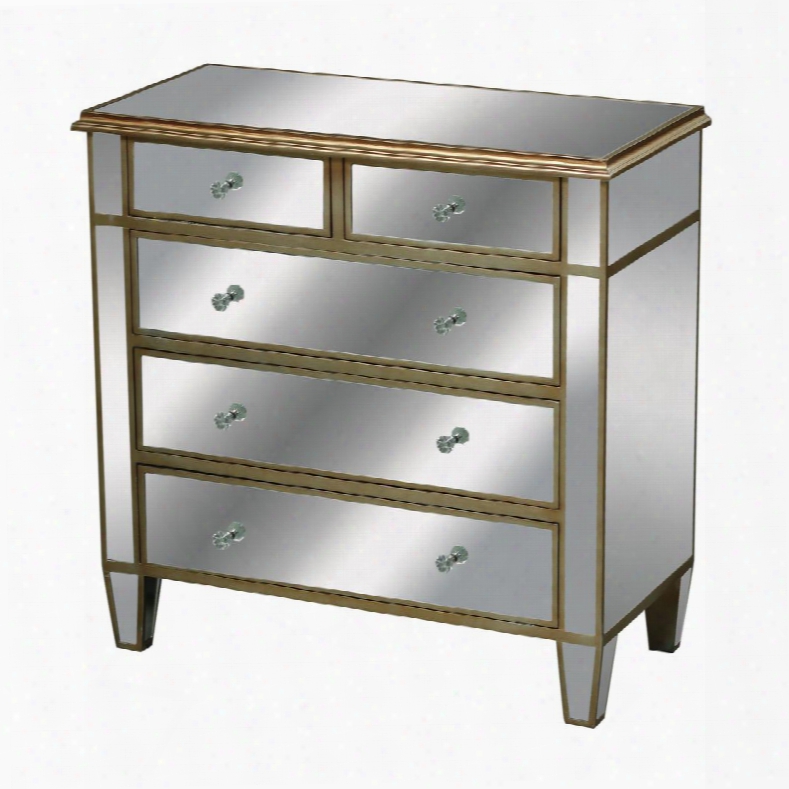 Verona Collection 6043630 33" Chest With 5 Drawers Beveled Mirrored Panels Crystal Handles And Antique Soft Gold In Champagne Silver Leaf