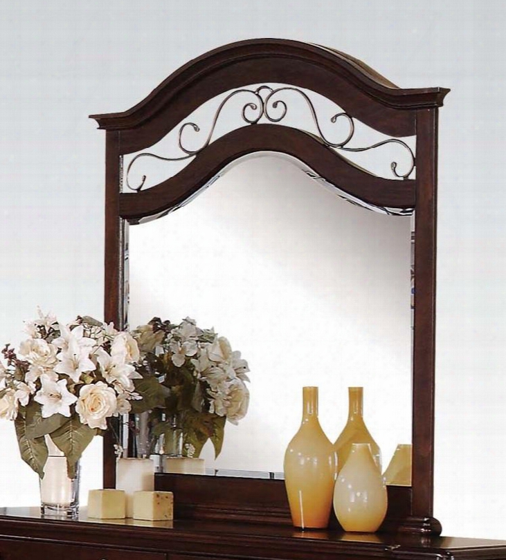 Cleveland Collection 21554 41' X 46" Mirror With Beveled Edges Antique Copper Metal Scrolled Decor And Solid Pine Wood Construction In Dark Cherry