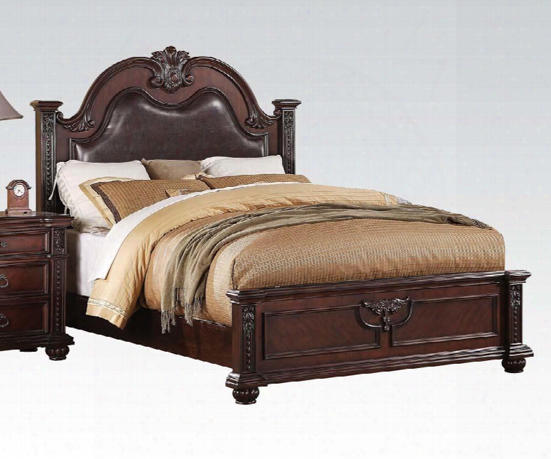 Daruka Collection 21310q Queen Size Bed With Decorative Capped Carving Detailed Carving Posts Embossed Panel And Ball Claw Feet In Distressed Cherry