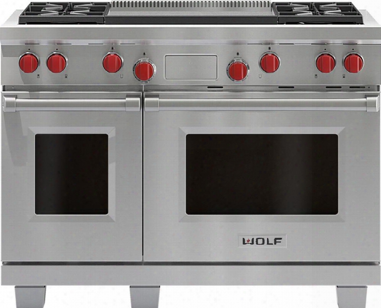 Df484dg 48" Dual Fuel Natural Gas Range With 7 Cu. Ft. Dual Oven Total Capacity Convection Oven 4 Dual-stacked Sealed Burners 24" Griddle And Cobalt Blue