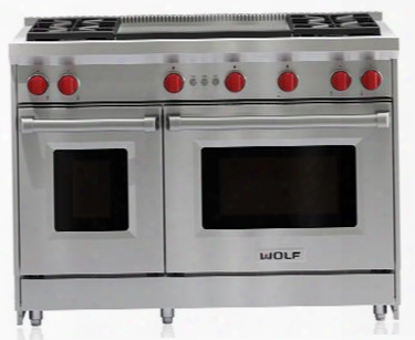 Gr484dg-lp 48" Pro-style Liquid Propane Gas Range With 4 Dual-stacked Sealed Burners And Dual Infrared Griddle Infrared Broiler Red Control Knobs And
