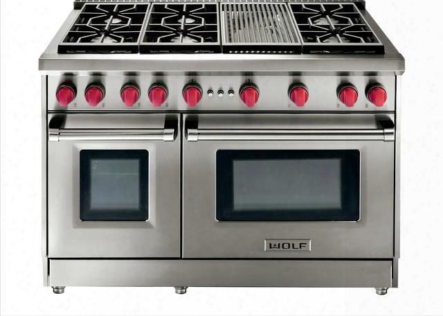 Gr86c 48" Pro-style Natural Gas Range With 6 Dual-stacked Sealed Burners And Infrared Charbroiler Infrared Broiler Red Control Knobs And Convection Large