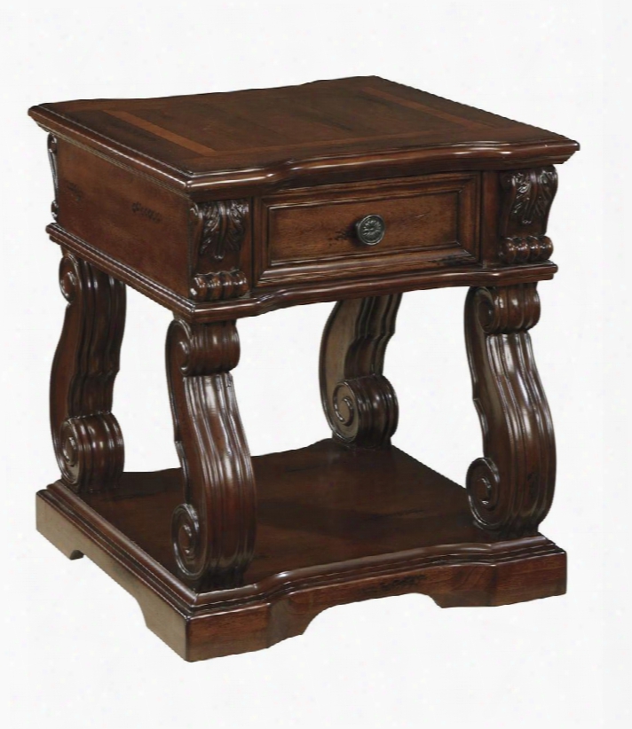 T869-2 Alymere Square End Table With Decorative Hardware Scrolled Legs And Carved Detailing In