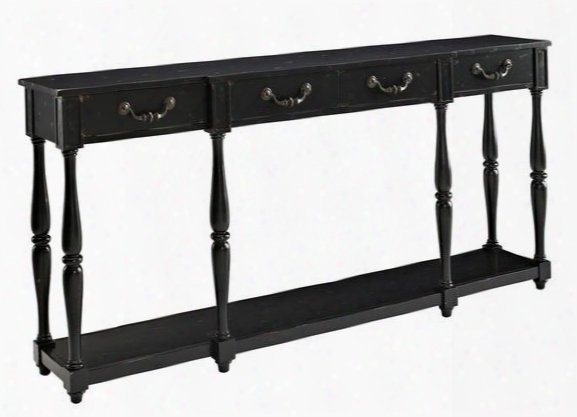 1558-534 72" Spindled Console Table With Antique Brass Drawer Pulls Turned Legs And Bottom Shelf In Soho Black