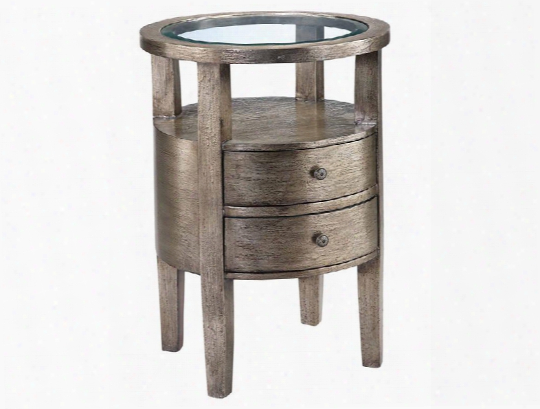 28312 Gretta Round Accent Table With Beveled Lay In Glass Top Two Drawers Square Tapered Legs Open Shelf Yard In Hand Painted Textured Pewter Metallic