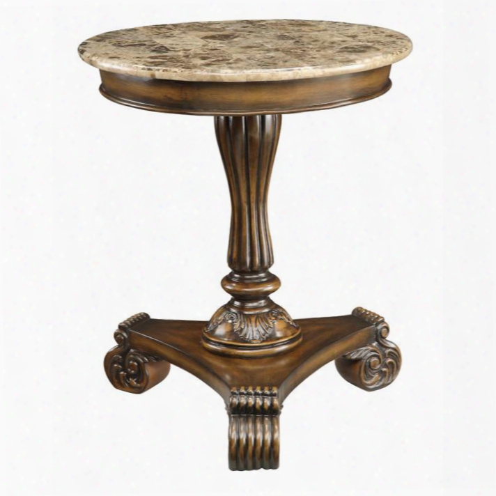 43376 24" Accent Table With Smooth Marble Top Carved Details And Scrolled Feet In Carno Burnished
