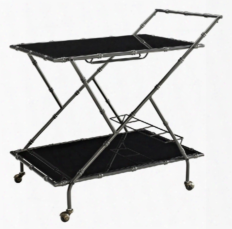 532-415 34" Serving Cart With Antique Caster Wheels Gunmetal Gray Bamboo-detailed Metal Frame Bottle Rack And Glass Holder In Metal And