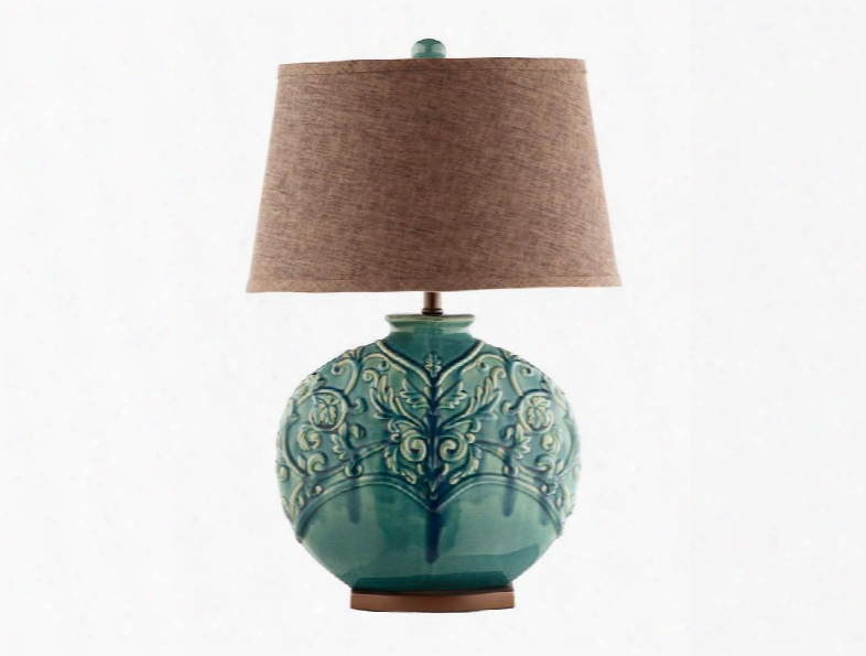 90030 Rochel Turquoise Table Lamp With Round Chocolate Fabric