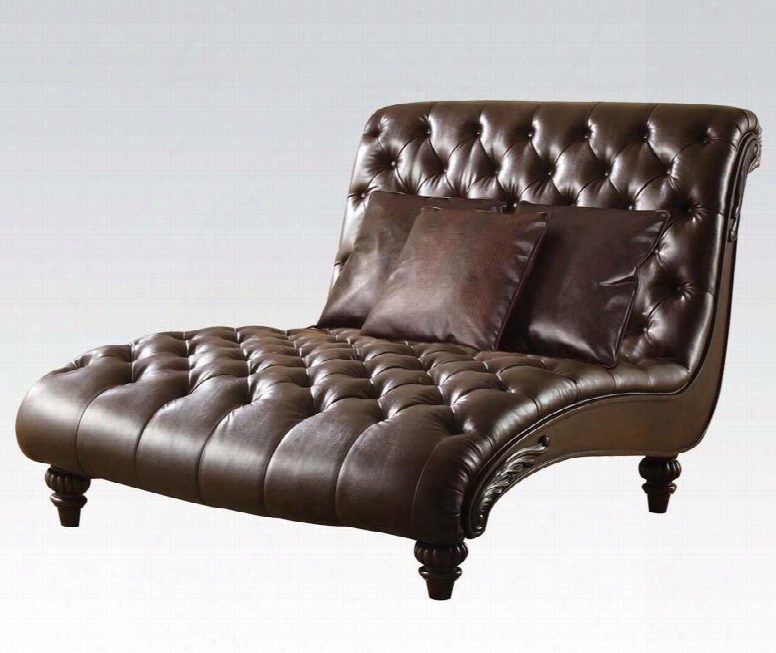 Annondale Collection 15035 70" Lounge Chaise With 3 Pillows Included Rolled Headrest Hand-carved Wood Feet And Pu Leather Upholstery In Two Tone Brown