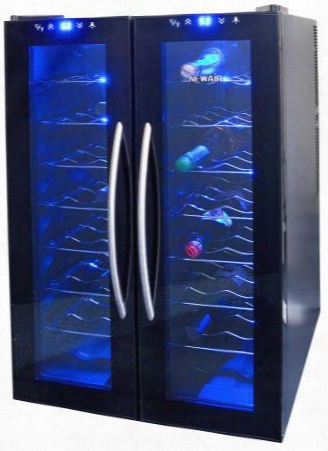 Aw320ed Newair 32 Bottles Dual Zone Thermoelectric Wine Cooler With Digital Temperature Readout Interior Led Lights And Removable Wine Racks In