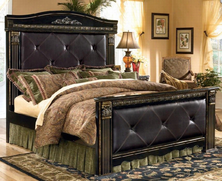 B17556586299 Coal Creek Collection King Size Upholstered Mansion Bed With Largely Scaled Detailed Swinging Bails And Faux Leather Panels In Dark