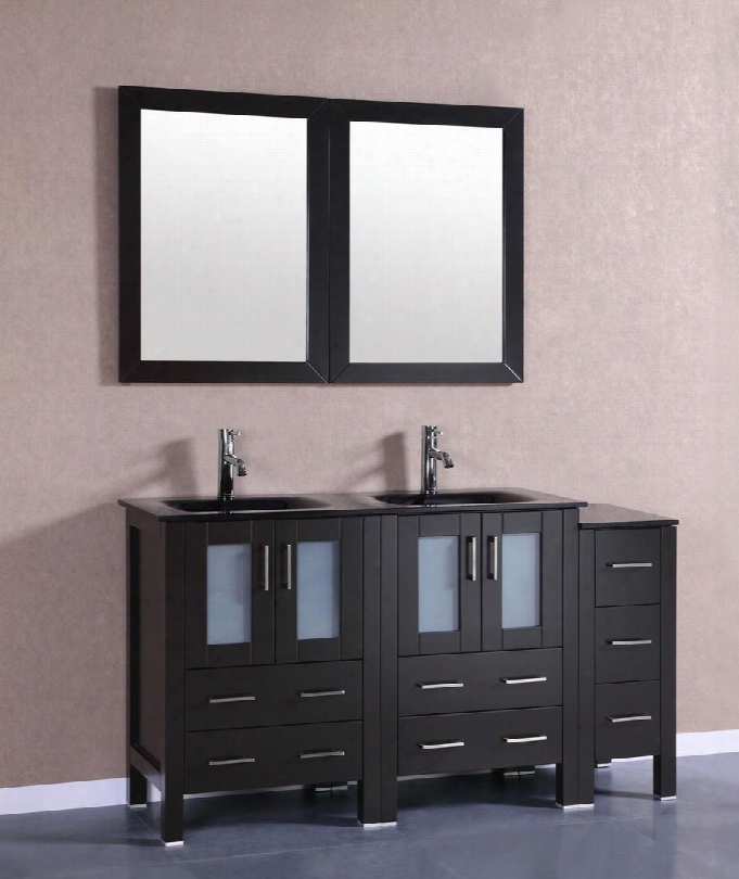 Bosconi Ab224bgu1s 60" Double Vanity Wth 4 Soft Closing Doors 1 Faucet Hole 2 Black Tempered Glass Sinks 7 Drawers Beveled Edge Mirror Brushed Nickel