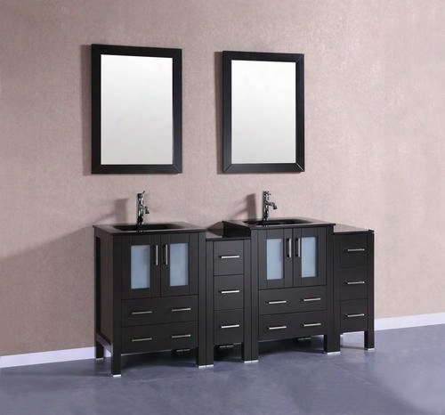 Bosconi Ab224bgu2s 72" Double Vanity With 4 Soft Closing Doors 1 Faucet Hole 2 Black Tempered Glass Sinks Drawers Beveled Edge Mirror Brushed Nickel