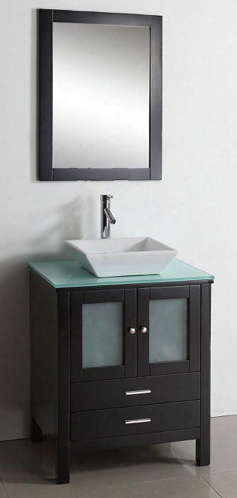 Brentford 28" Ms-4428-g-es Single Sink Bathroom Vanity In Espresso Finish With Tempered Glass Countertop Matching Framed Mirror 2 Doors 2 Doweled Drawers