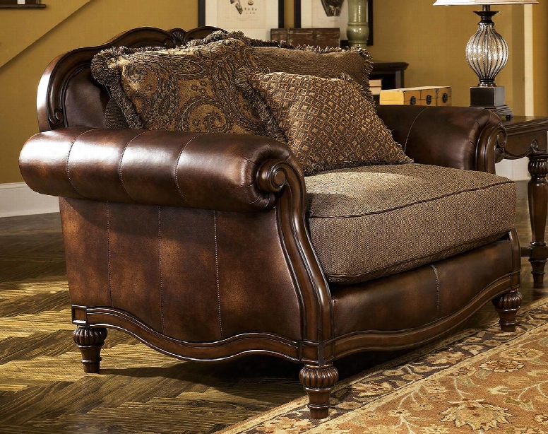 Claremore Collection 843032 3 56" Chair And A Half With Fabric Upholstery Carved Detailing Rolled Arms And Traditional Style In