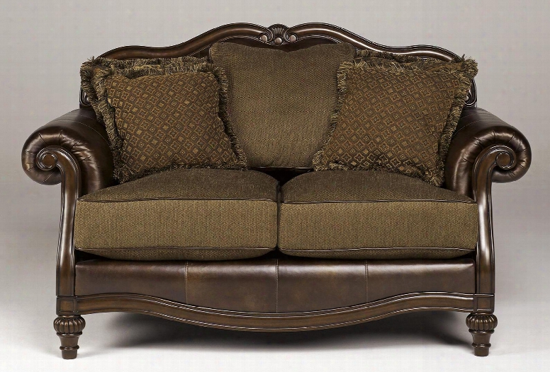 Claremore Collection 8430335 68" Loveseat With Fabric Upholstery Carved Detailing Rolled Arms And Traditional Style In