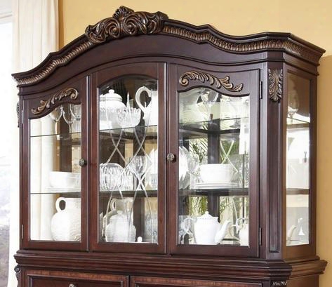 D67881 Wendlowe Hutch Cabinet With 3 Way Led Lighting Glass Shelves Plate Rails Ornate Shapes Poplar And Rubberwood Solids In Dark