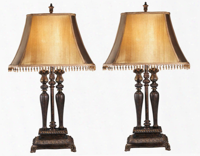 Desana L370974 Set Of 2 33" Tall Poly Table Lamps With Detailed Carvings On-off Switch And Softback Shade With Beads In Dark Brown And