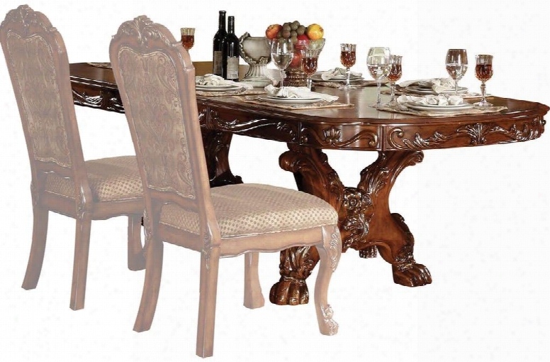 Dresden Collection 12150 76" - 108" Extendable Dining Table With Double Pedestal Treste Mean Claw Legs Scrolled Motifs And Inlay Veneers In Cherr Oak