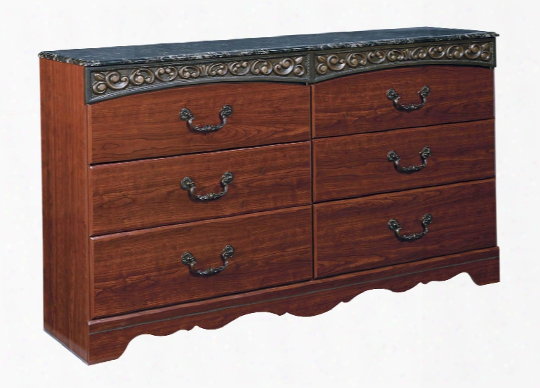 Fairbrooks Estate B105-31 63" 6-drawer Dresser With Faux Marble Top Large Scaled Bail Handles Side Roller Drawer Glides And Replicated Cherry Grain Details