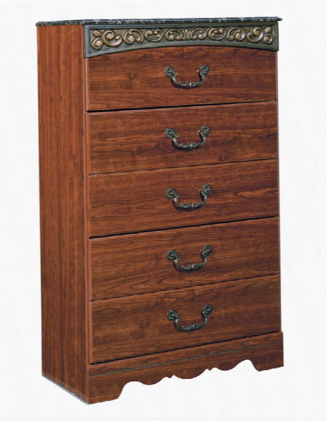 Fairbrooks Estate B105-46 32" 5-drawer Chest With Faux Marble Top Large Scaled Bail Handles Side Roller Drawer Glides And Replicated Cherry Grain Details In